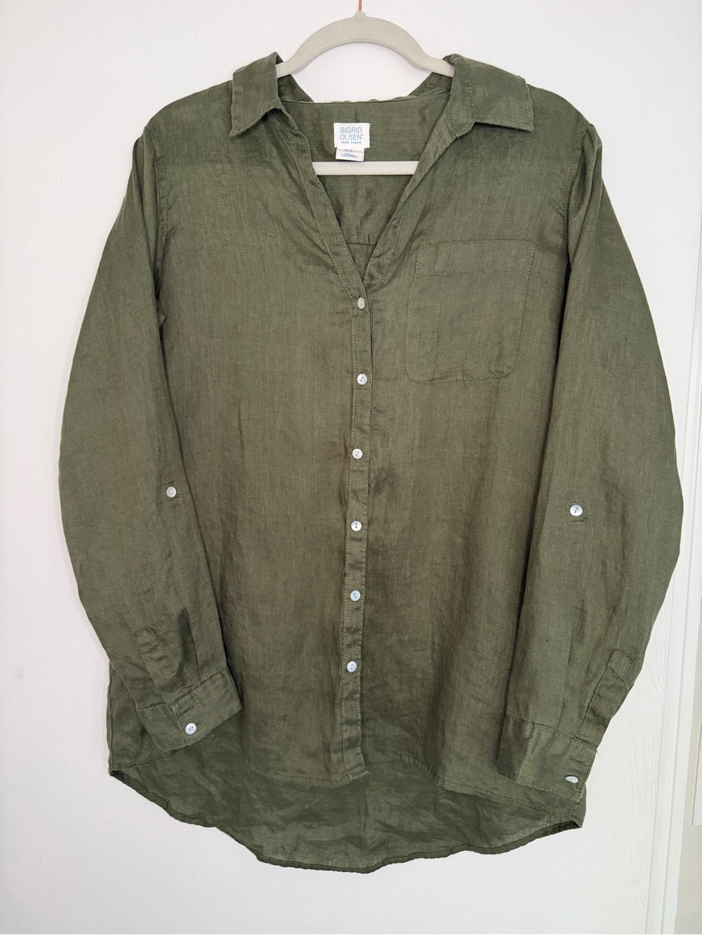 Sigrid Olsen Olive Green Linen Button-Down Shirt